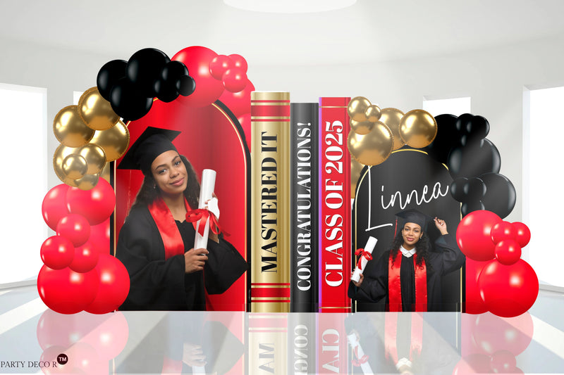Graduation arched backdrop with “Class of 2025” lettering, balloon garland, and custom school colors, perfect for photo ops and party entrances