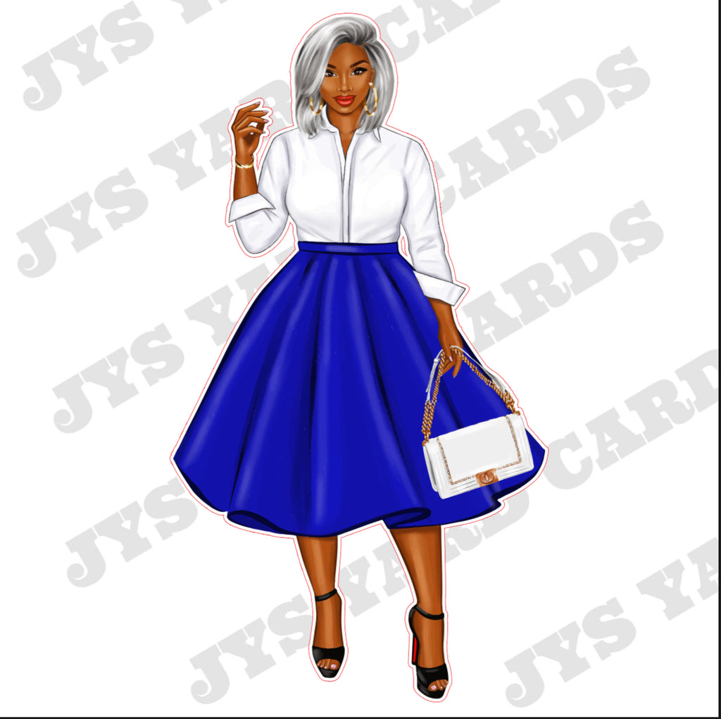 BROWN WOMAN WITH BAG: WHITE HAIR & BLUE SKIRT - Yard Card Signs by JYS International