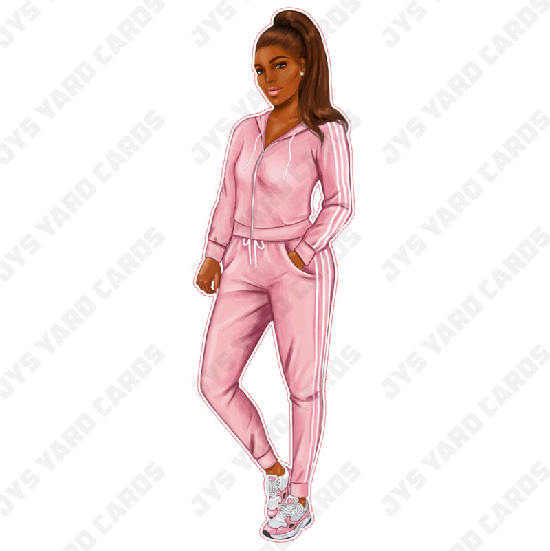 BROWN WOMAN IN SPORTSUIT: PINK - Yard Card Signs by JYS International