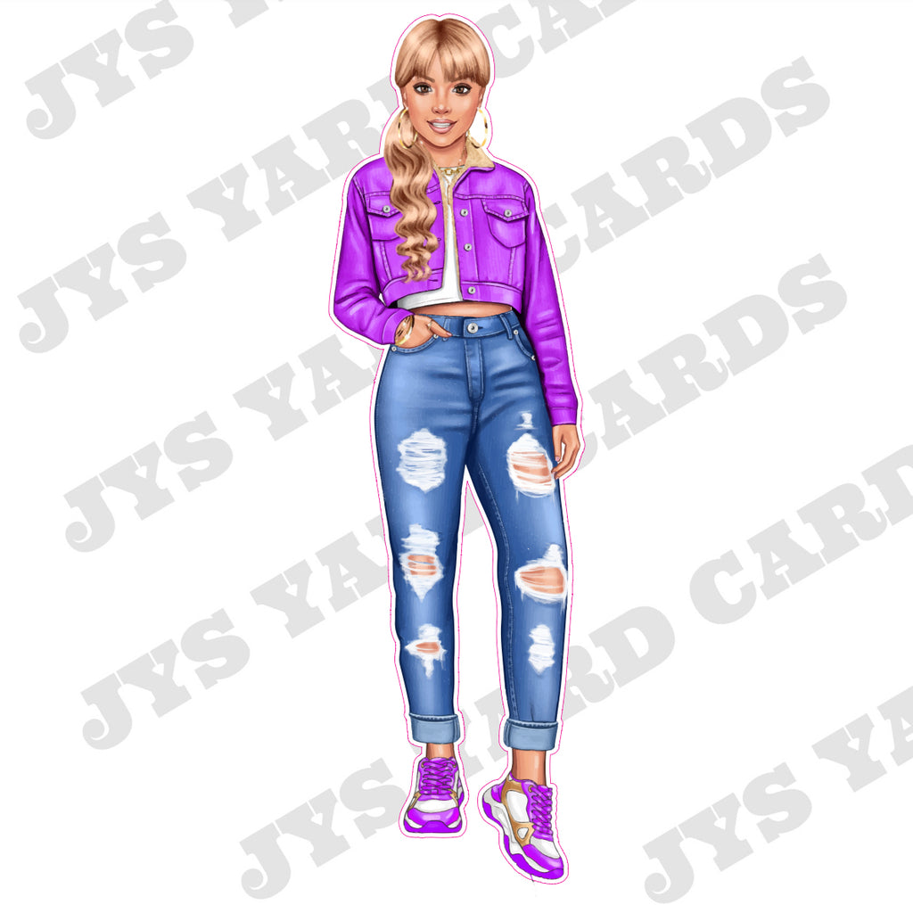 LIGHT GIRL WITH BLONDE HAIR: PURPLE JACKET - Yard Card Signs by JYS International