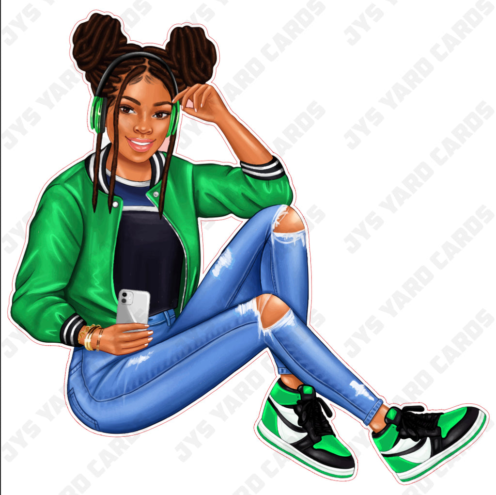 BROWN GIRL WITH HEADPHONES: GREEN - Yard Card Signs by JYS International