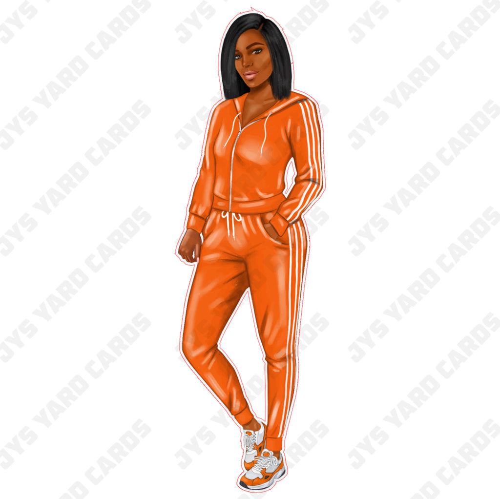 BROWN WOMAN IN SPORTSUIT: ORANGE - Yard Card Signs by JYS International