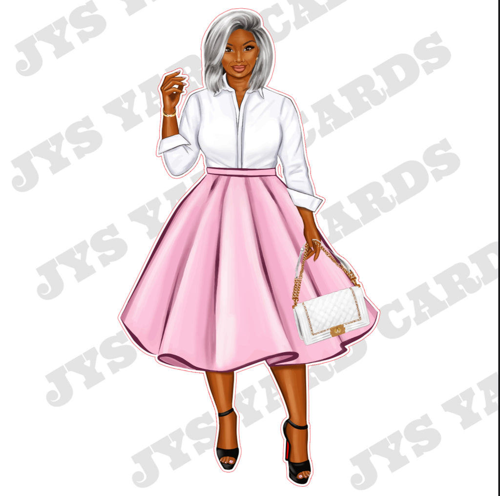 BROWN WOMAN WITH BAG: WHITE HAIR & PINK SKIRT - Yard Card Signs by JYS International