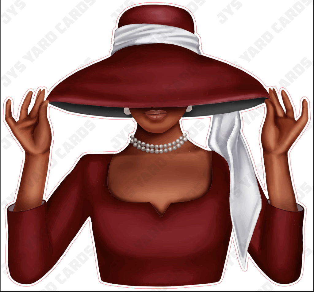 BROWN WOMAN WITH HAT: BURGUNDY - Yard Card Signs by JYS International