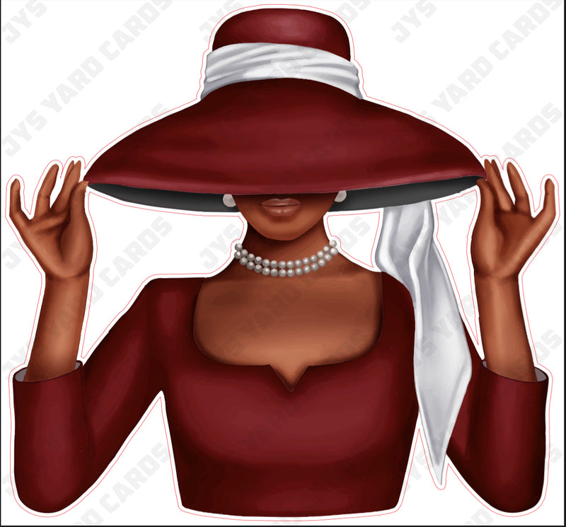 BROWN WOMAN WITH HAT: BURGUNDY - Yard Card Signs by JYS International