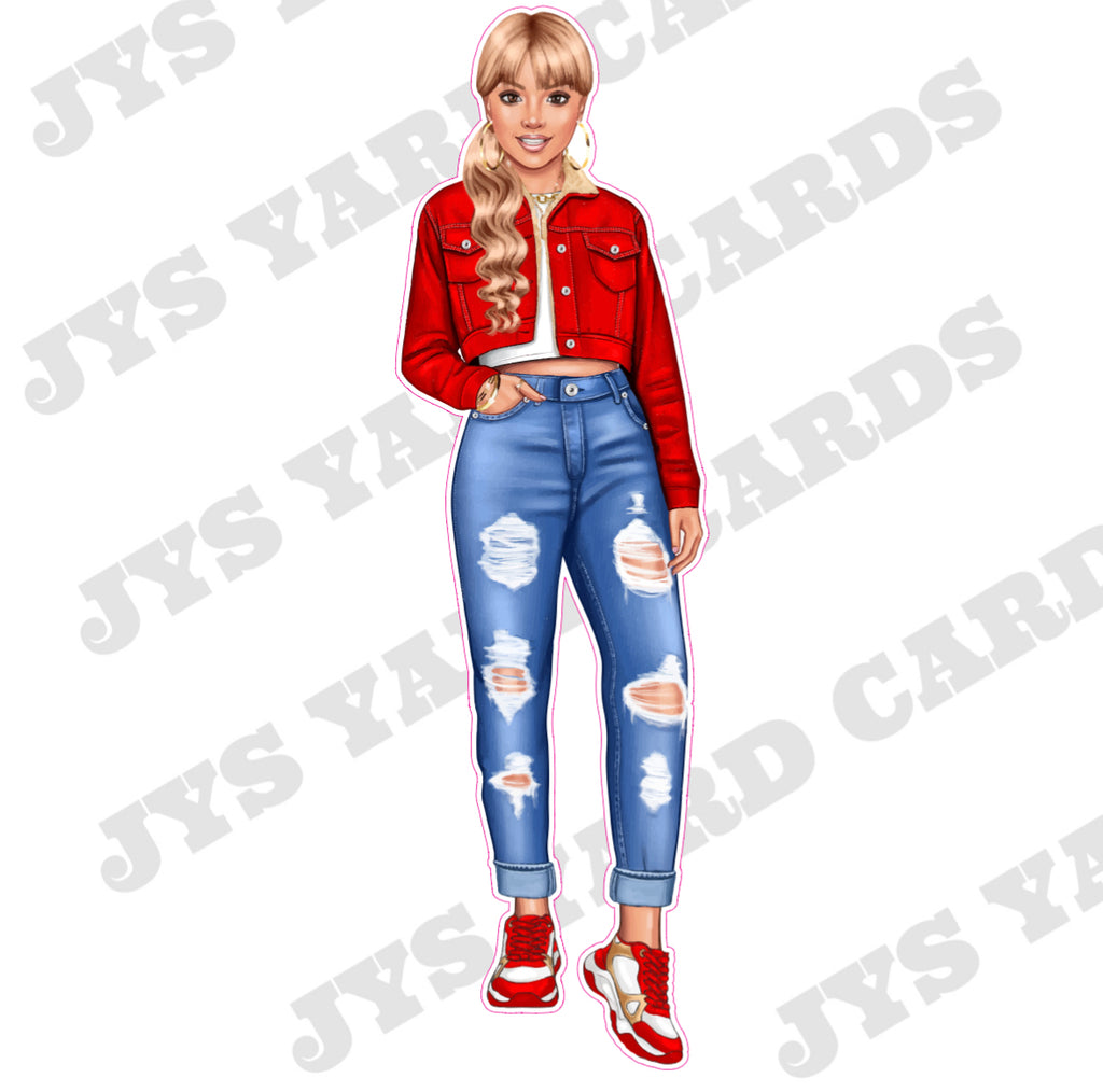 LIGHT GIRL WITH BLONDE HAIR: RED JACKET - Yard Card Signs by JYS International