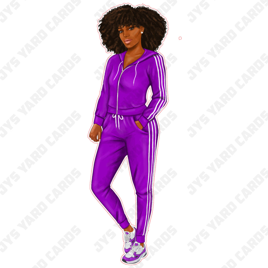 BROWN WOMAN IN SPORTSUIT: PURPLE - Yard Card Signs by JYS International