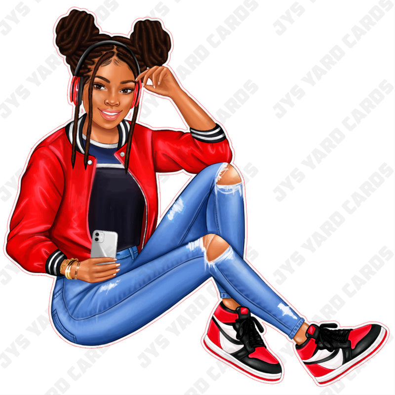 BROWN GIRL WITH HEADPHONES: RED - Yard Card Signs by JYS International