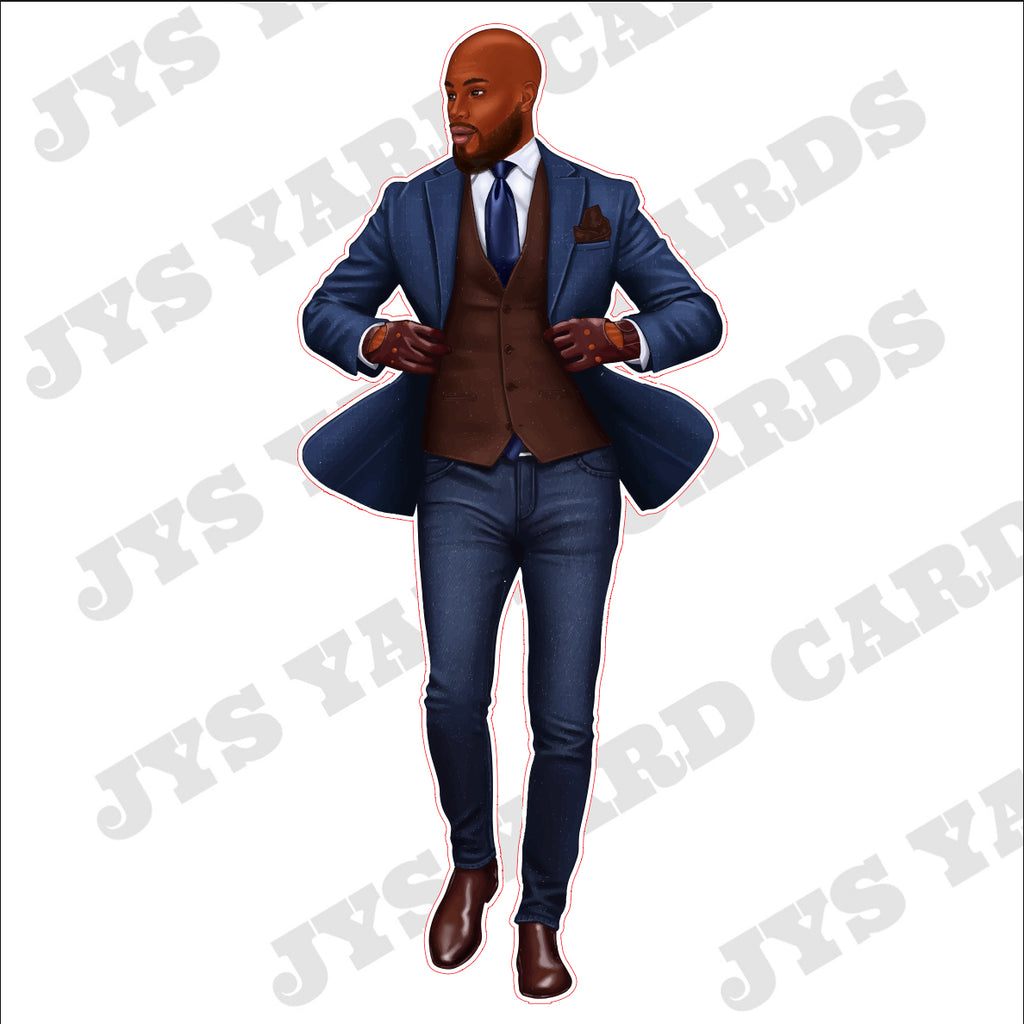 BROWN MAN IN COSTUME WITH VEST: BROWN & BLUE - Yard Card Signs by JYS International