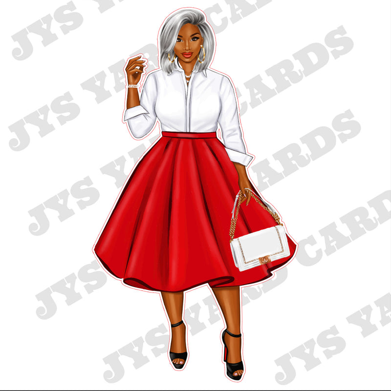 BROWN WOMAN WITH BAG: WHITE HAIR & RED SKIRT - Yard Card Signs by JYS International