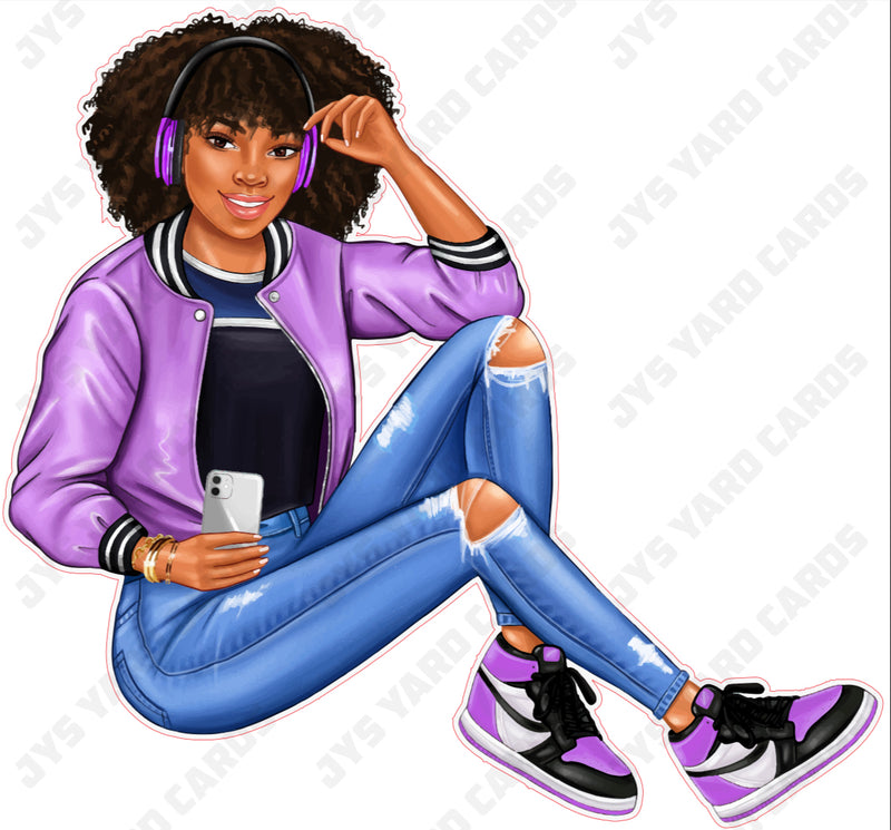 BROWN GIRL WITH HEADPHONES: PURPLE - Yard Card Signs by JYS International