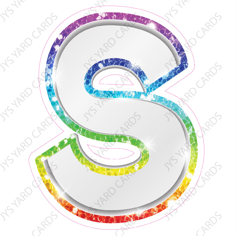 Single Letters: 18” Bouncy Metallic White With Rainbow - Yard Card Signs by JYS International