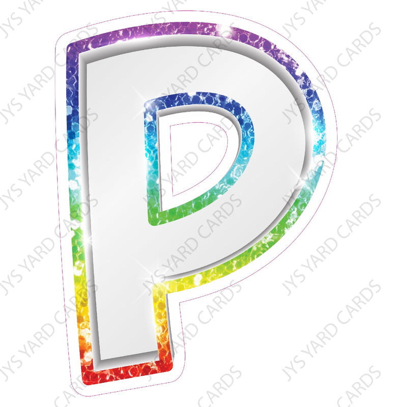 Single Letters: 23” Bouncy Metallic White With Rainbow - Yard Card Signs by JYS International