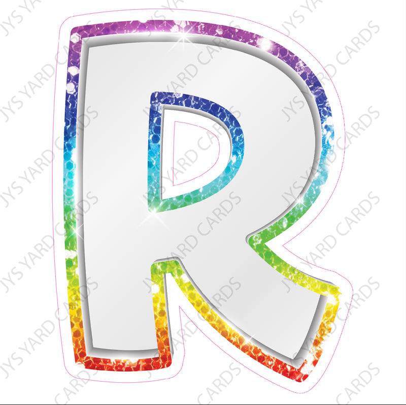 Single Letters: 18” Bouncy Metallic White With Rainbow - Yard Card Signs by JYS International