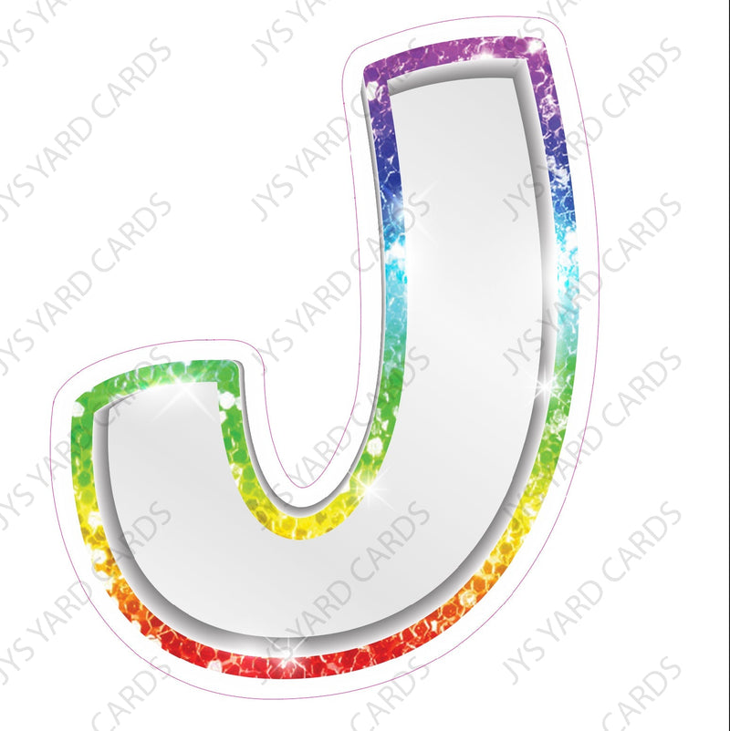 Single Letters: 23” Bouncy Metallic White With Rainbow - Yard Card Signs by JYS International