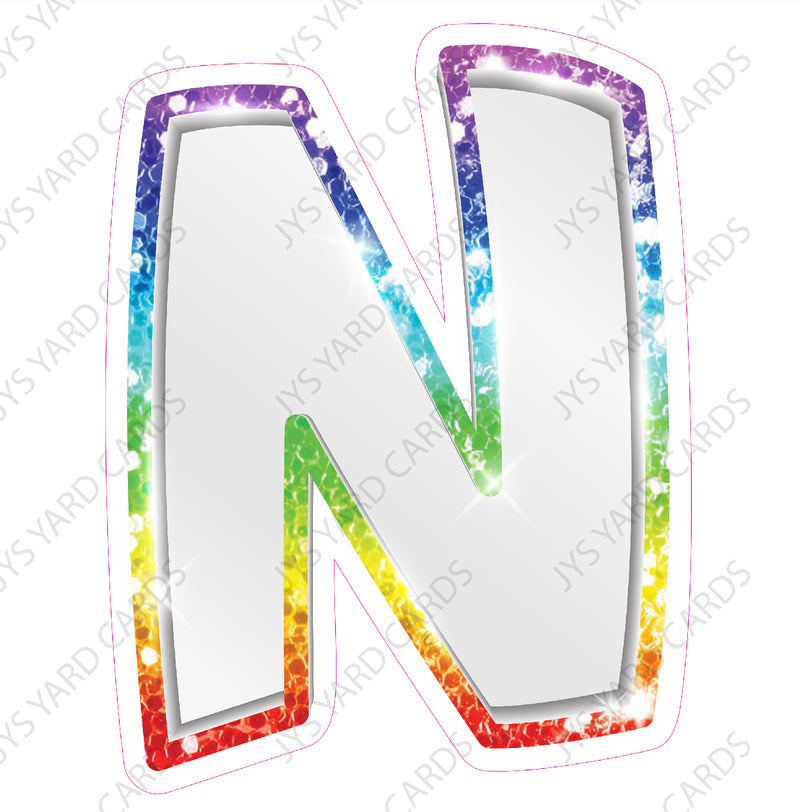 Single Letters: 18” Bouncy Metallic White With Rainbow - Yard Card Signs by JYS International