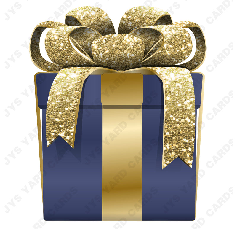 PRESENT: NAVY w/ GOLD BOW - Yard Card Signs by JYS International