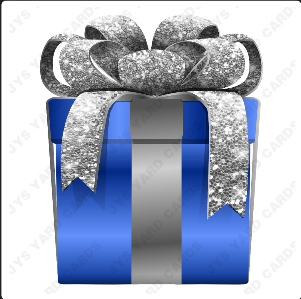 PRESENT: BLUE w/ SILVER BOW - Yard Card Signs by JYS International