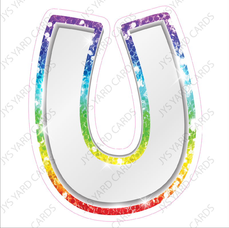 Single Letters: 18” Bouncy Metallic White With Rainbow - Yard Card Signs by JYS International