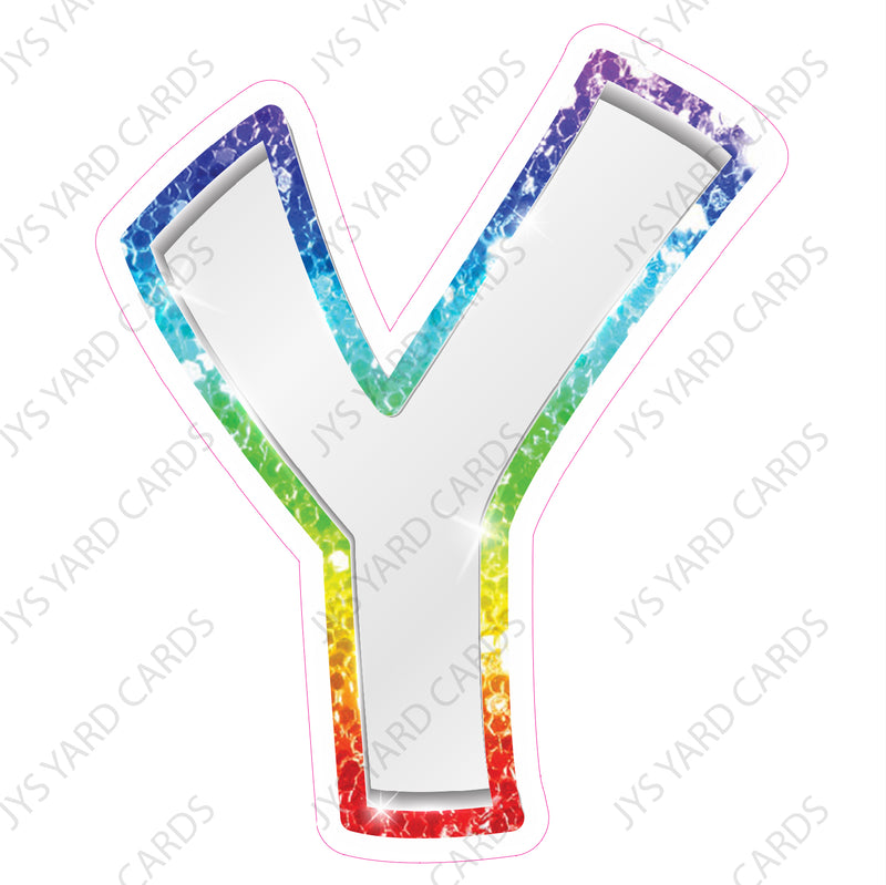 Single Letters: 18” Bouncy Metallic White With Rainbow - Yard Card Signs by JYS International