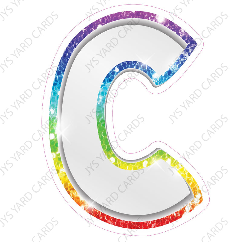 Single Letters: 12” Bouncy Metallic White With Rainbow - Yard Card Signs by JYS International