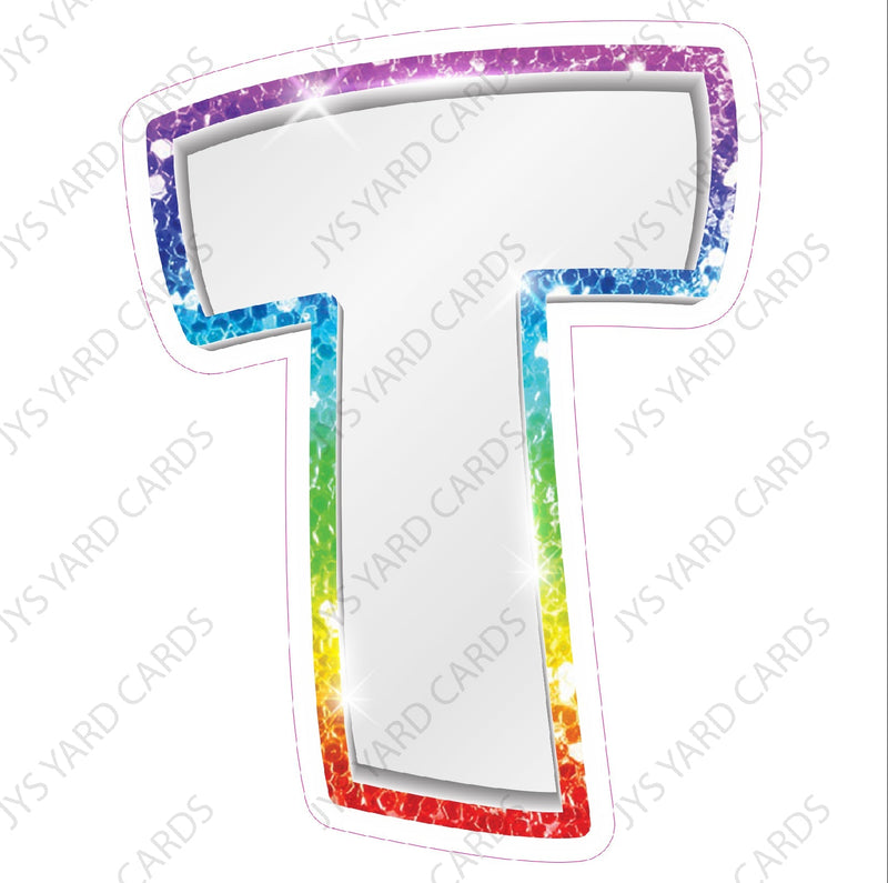 Single Letters: 23” Bouncy Metallic White With Rainbow - Yard Card Signs by JYS International