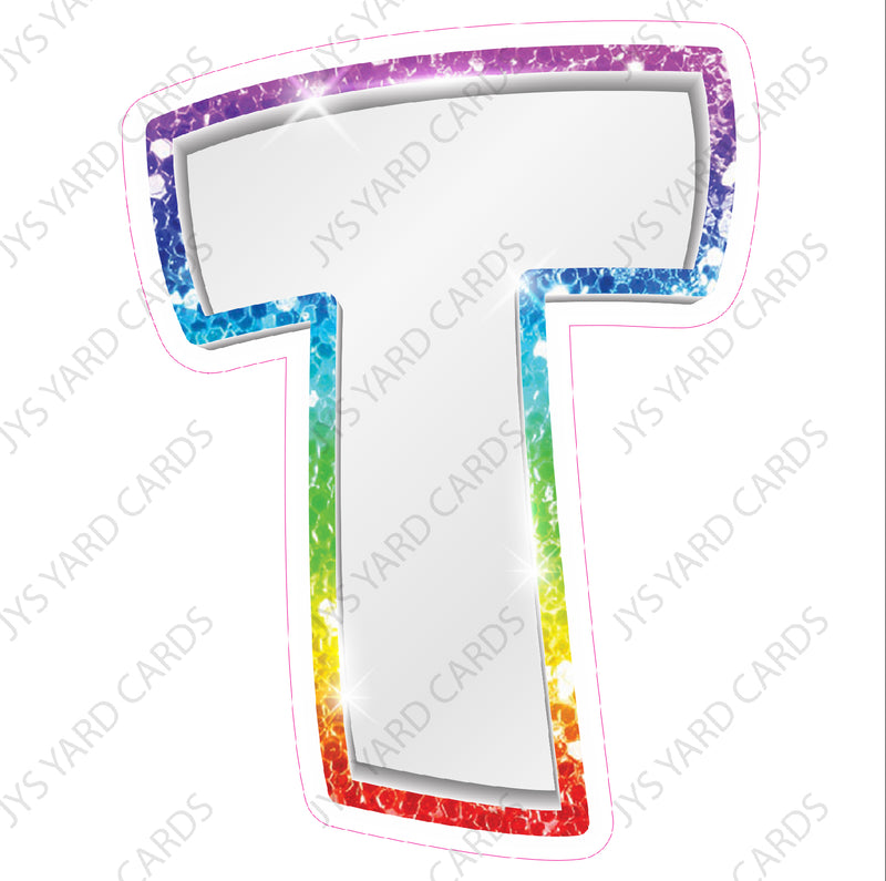 Single Letters: 18” Bouncy Metallic White With Rainbow - Yard Card Signs by JYS International