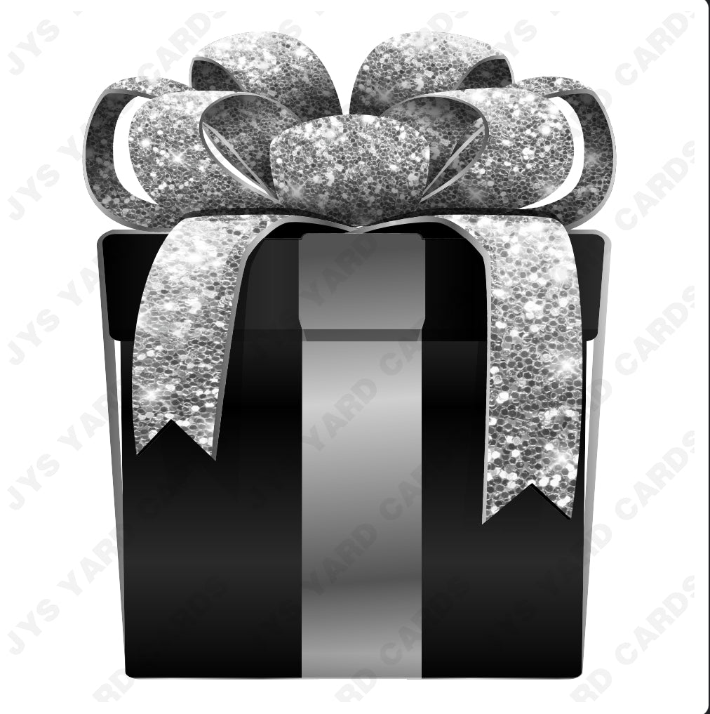 PRESENT: BLACK w/ SILVER BOW - Yard Card Signs by JYS International