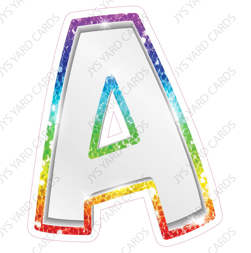 Single Letters: 12” Bouncy Metallic White With Rainbow - Yard Card Signs by JYS International