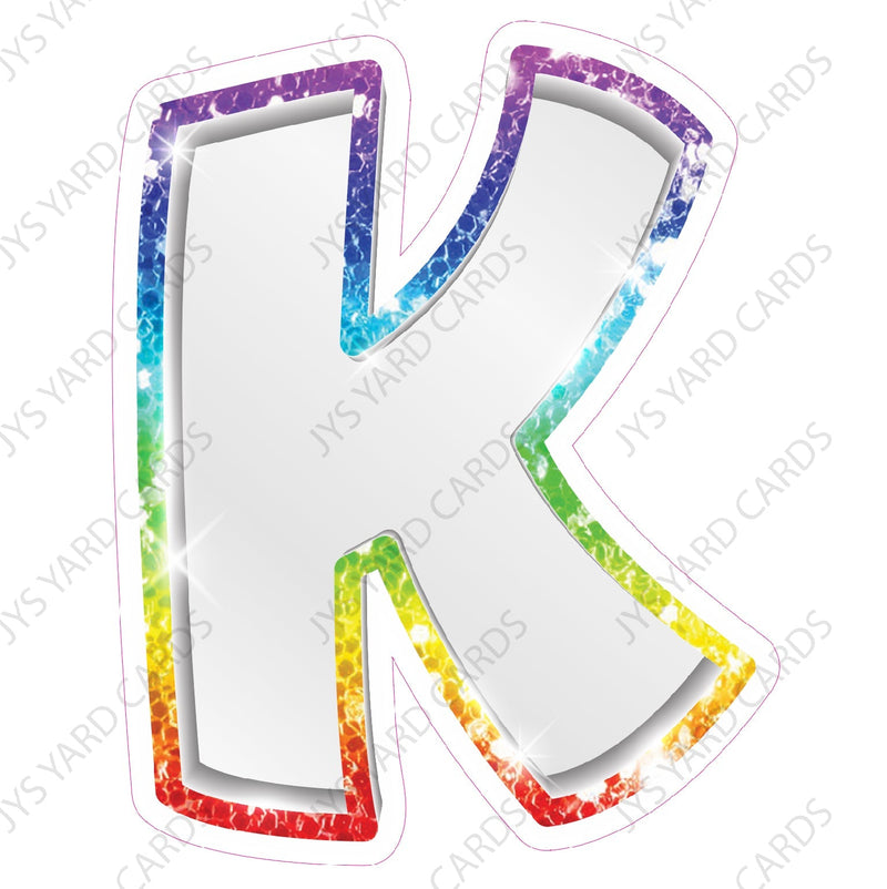 Single Letters: 23” Bouncy Metallic White With Rainbow - Yard Card Signs by JYS International