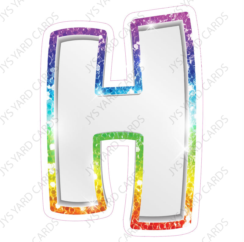 Single Letters: 12” Bouncy Metallic White With Rainbow - Yard Card Signs by JYS International