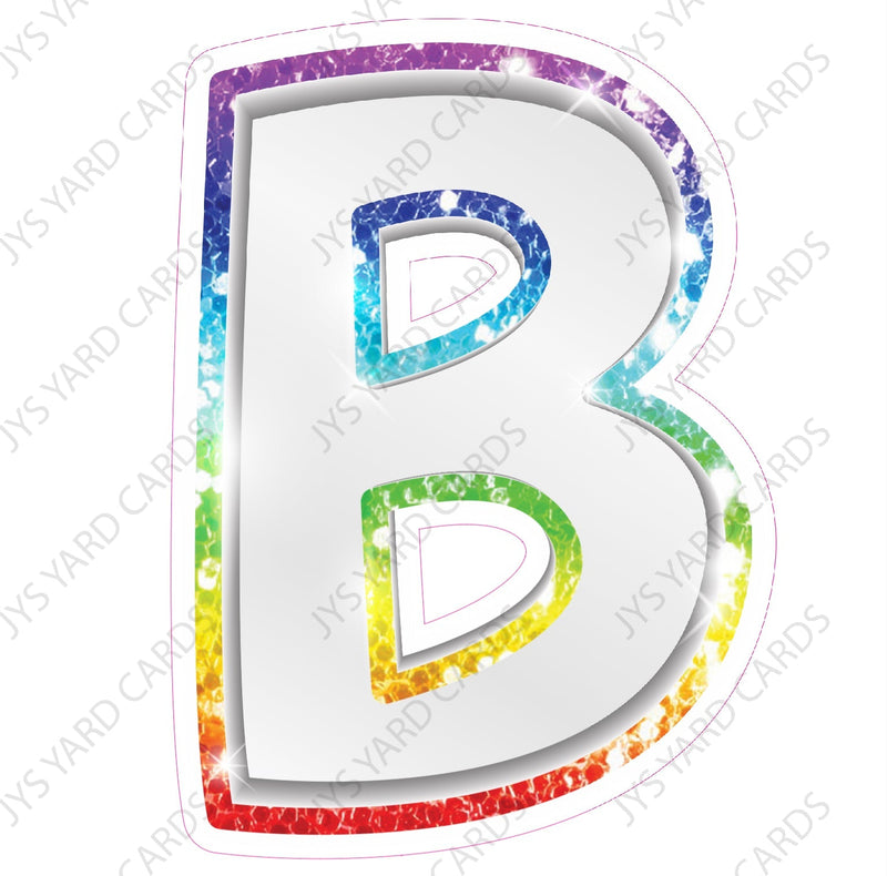 Single Letters: 23” Bouncy Metallic White With Rainbow - Yard Card Signs by JYS International