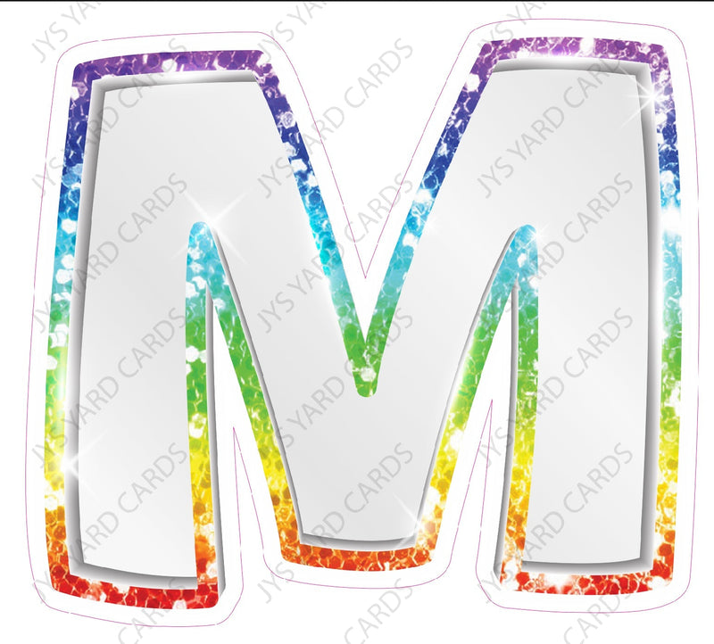 Single Letters: 23” Bouncy Metallic White With Rainbow - Yard Card Signs by JYS International