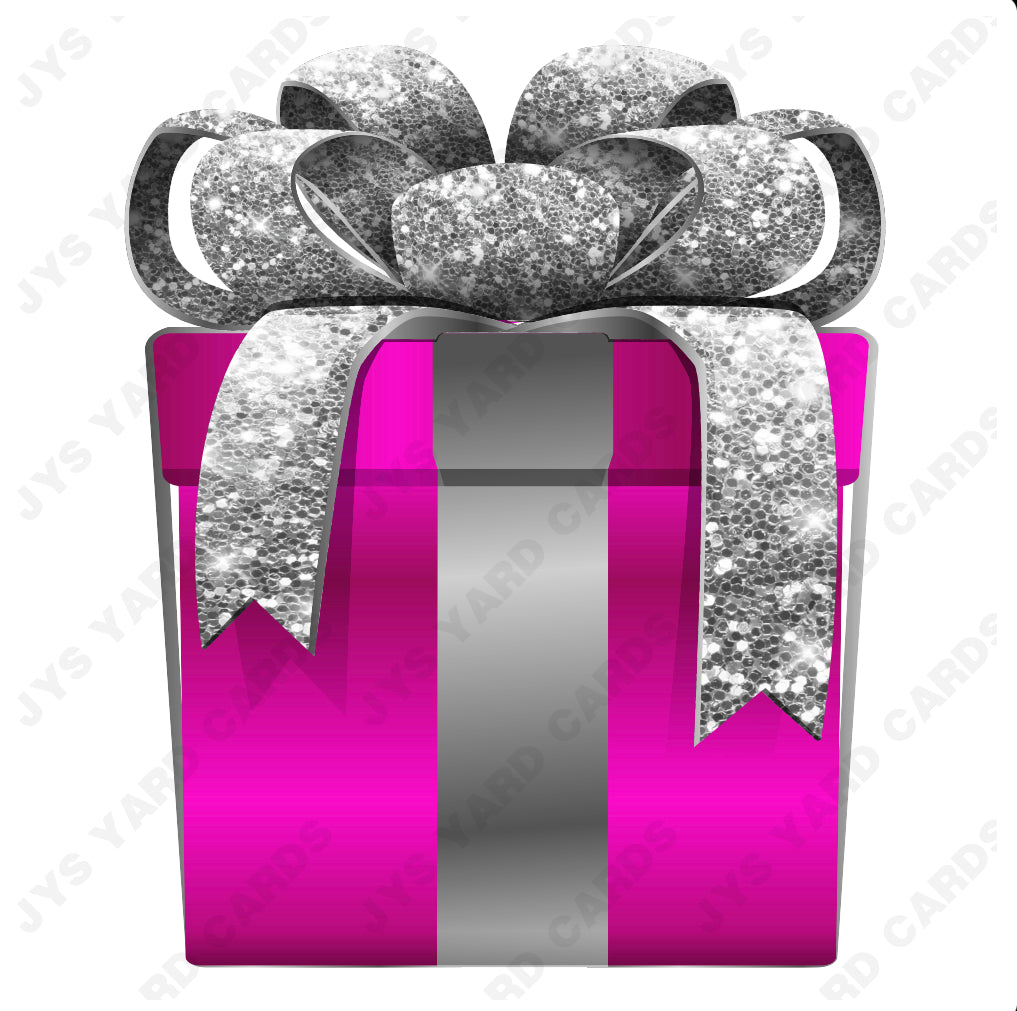 PRESENT: HOT PINK w/ SILVER BOW - Yard Card Signs by JYS International