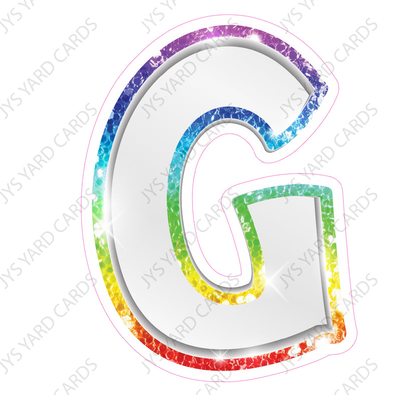 Single Letters: 18” Bouncy Metallic White With Rainbow - Yard Card Signs by JYS International