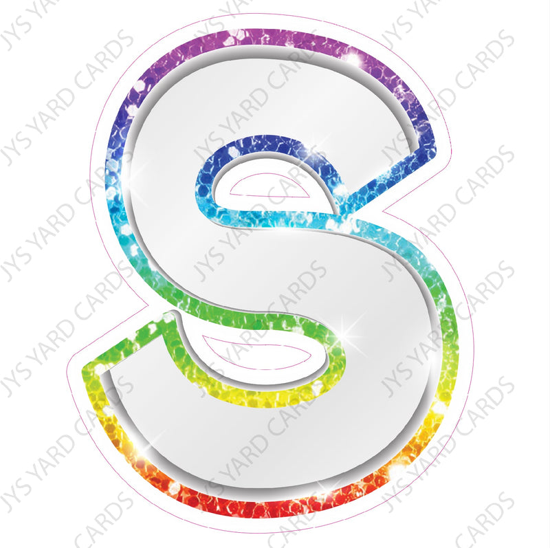 Single Letters: 12” Bouncy Metallic White With Rainbow - Yard Card Signs by JYS International