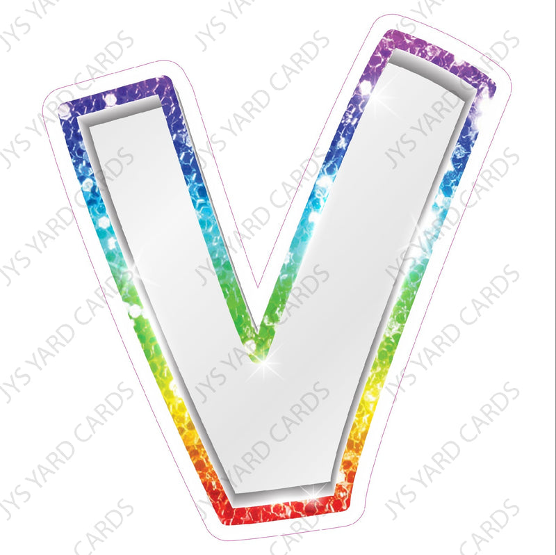 Single Letters: 23” Bouncy Metallic White With Rainbow - Yard Card Signs by JYS International