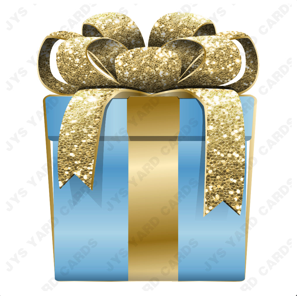 PRESENT: LIGHT BLUE w/ GOLD BOW - Yard Card Signs by JYS International