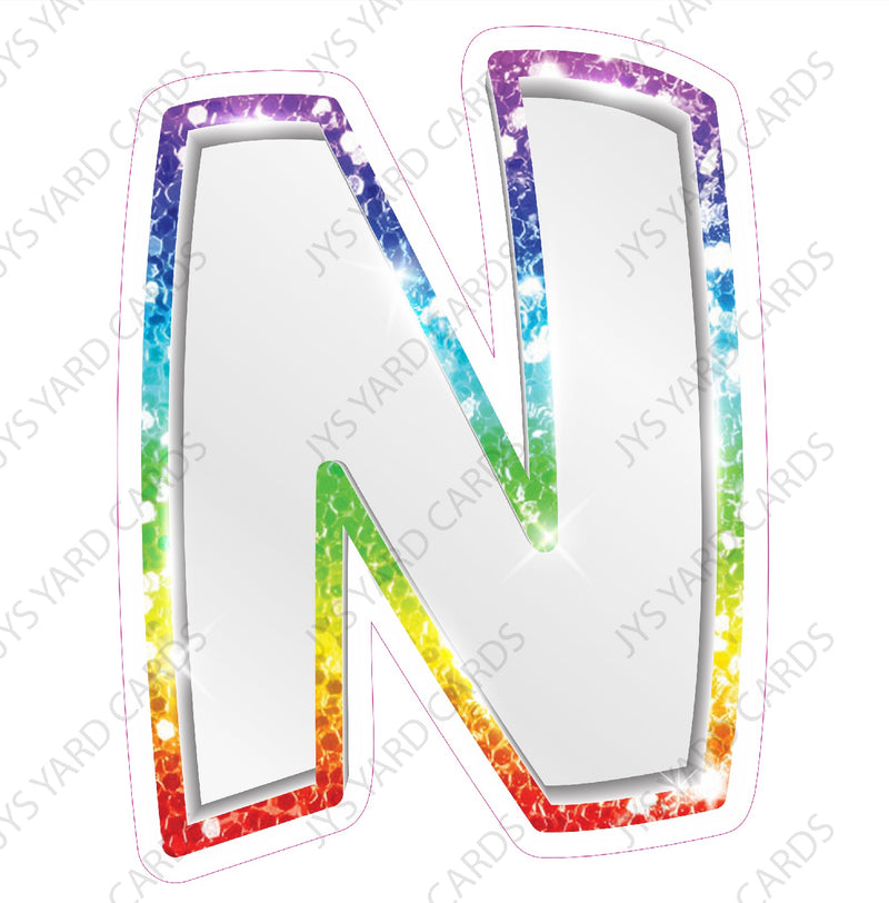 Single Letters: 12” Bouncy Metallic White With Rainbow - Yard Card Signs by JYS International