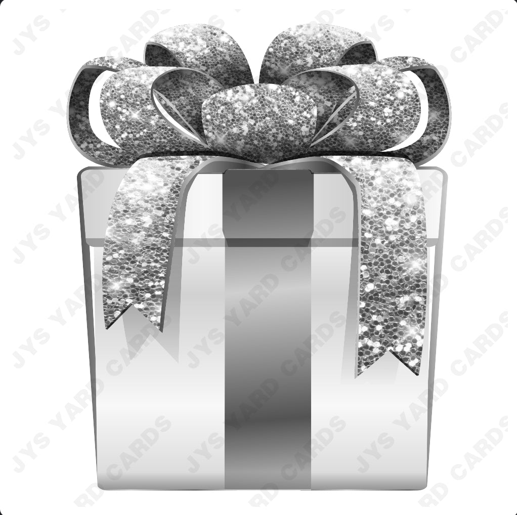 PRESENT: WHITE w/ SILVER BOW - Yard Card Signs by JYS International