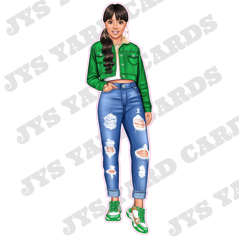 LIGHT GIRL WITH BLACK HAIR: GREEN JACKET - Yard Card Signs by JYS International