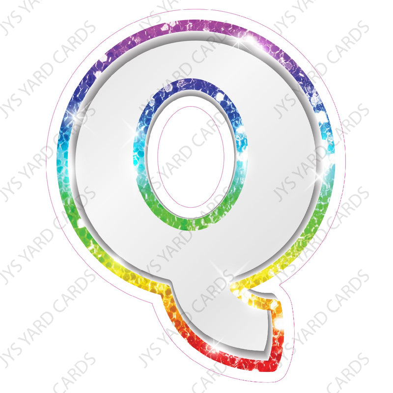 Single Letters: 12” Bouncy Metallic White With Rainbow - Yard Card Signs by JYS International