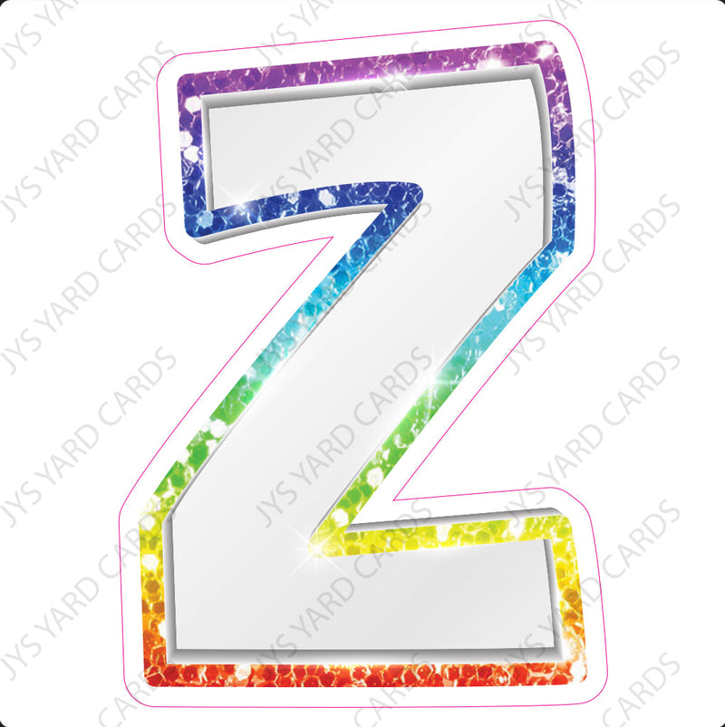 Single Letters: 12” Bouncy Metallic White With Rainbow - Yard Card Signs by JYS International