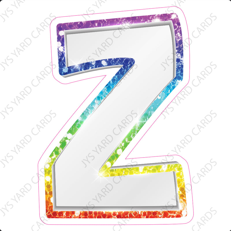 Single Letters: 18” Bouncy Metallic White With Rainbow - Yard Card Signs by JYS International