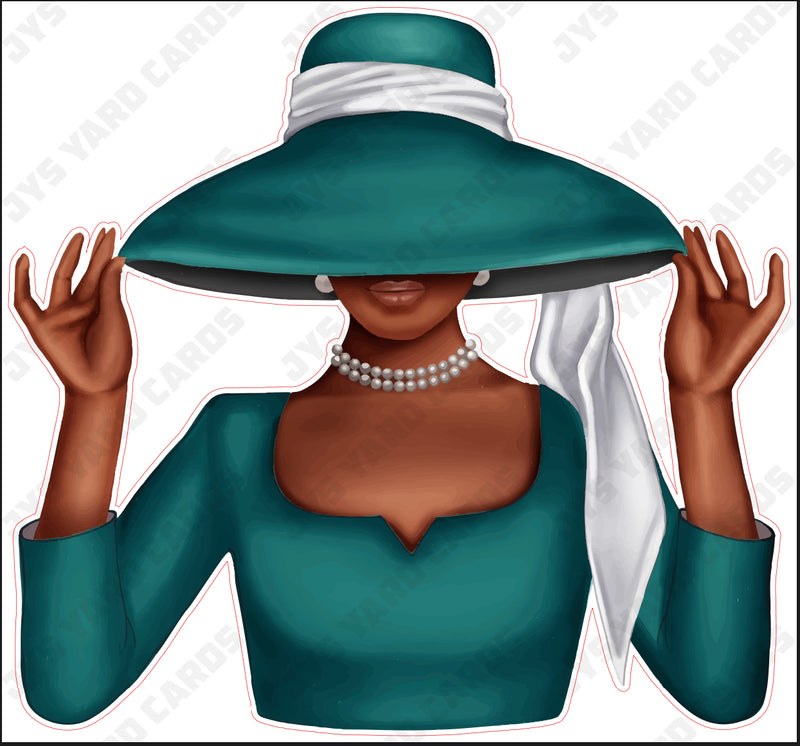 BROWN WOMAN WITH HAT: TEAL - Yard Card Signs by JYS International