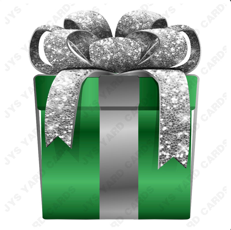 PRESENT: GREEN w/ SILVER BOW - Yard Card Signs by JYS International