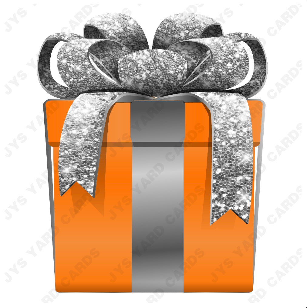 PRESENT: ORANGE w/ SILVER BOW - Yard Card Signs by JYS International