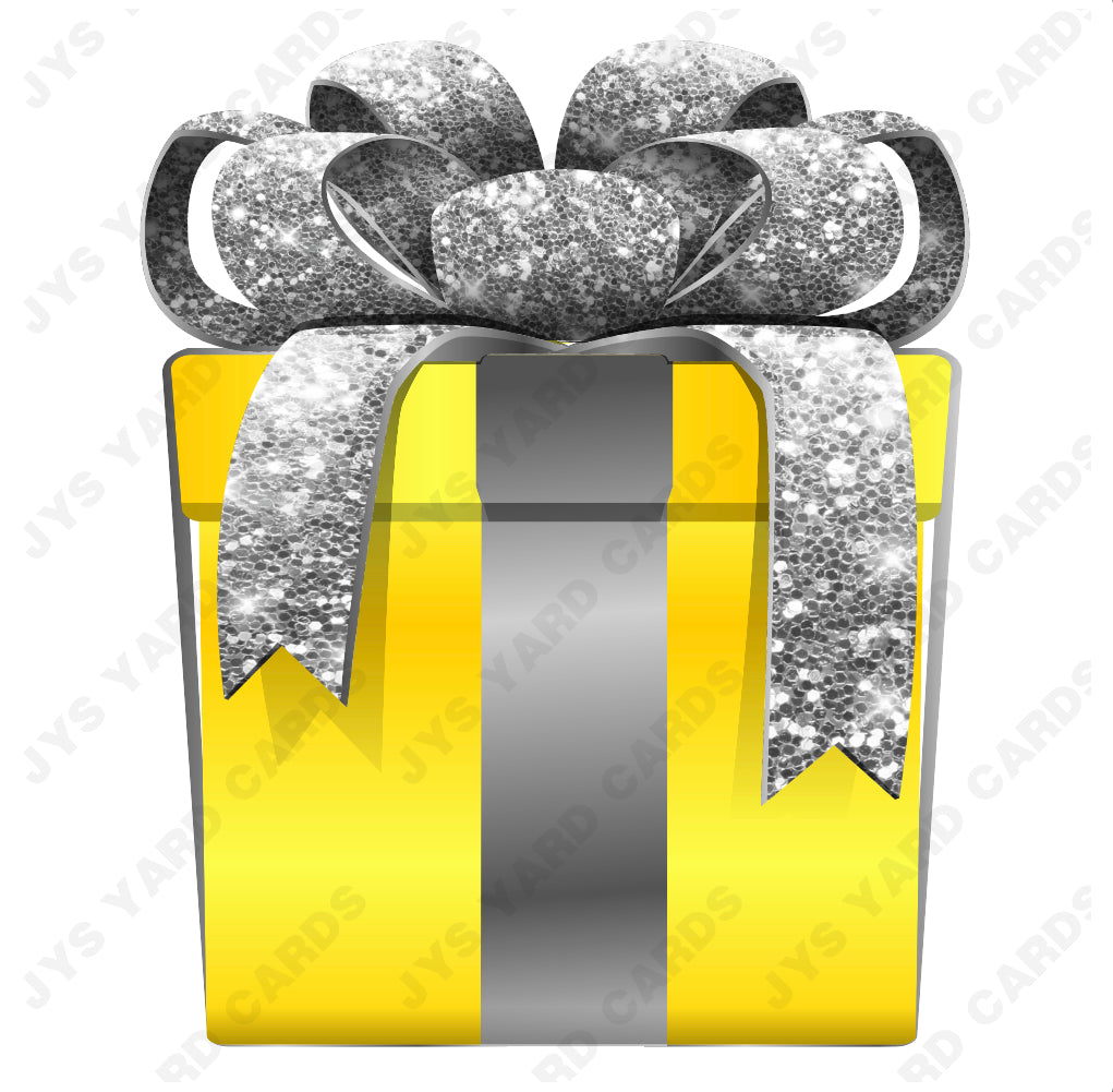 PRESENT: YELLOW w/ SILVER BOW - Yard Card Signs by JYS International