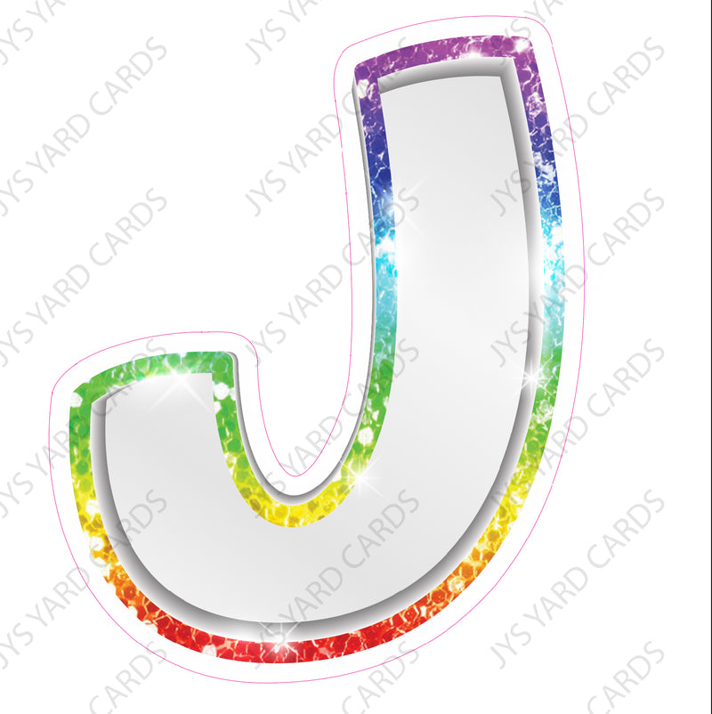 Single Letters: 18” Bouncy Metallic White With Rainbow - Yard Card Signs by JYS International