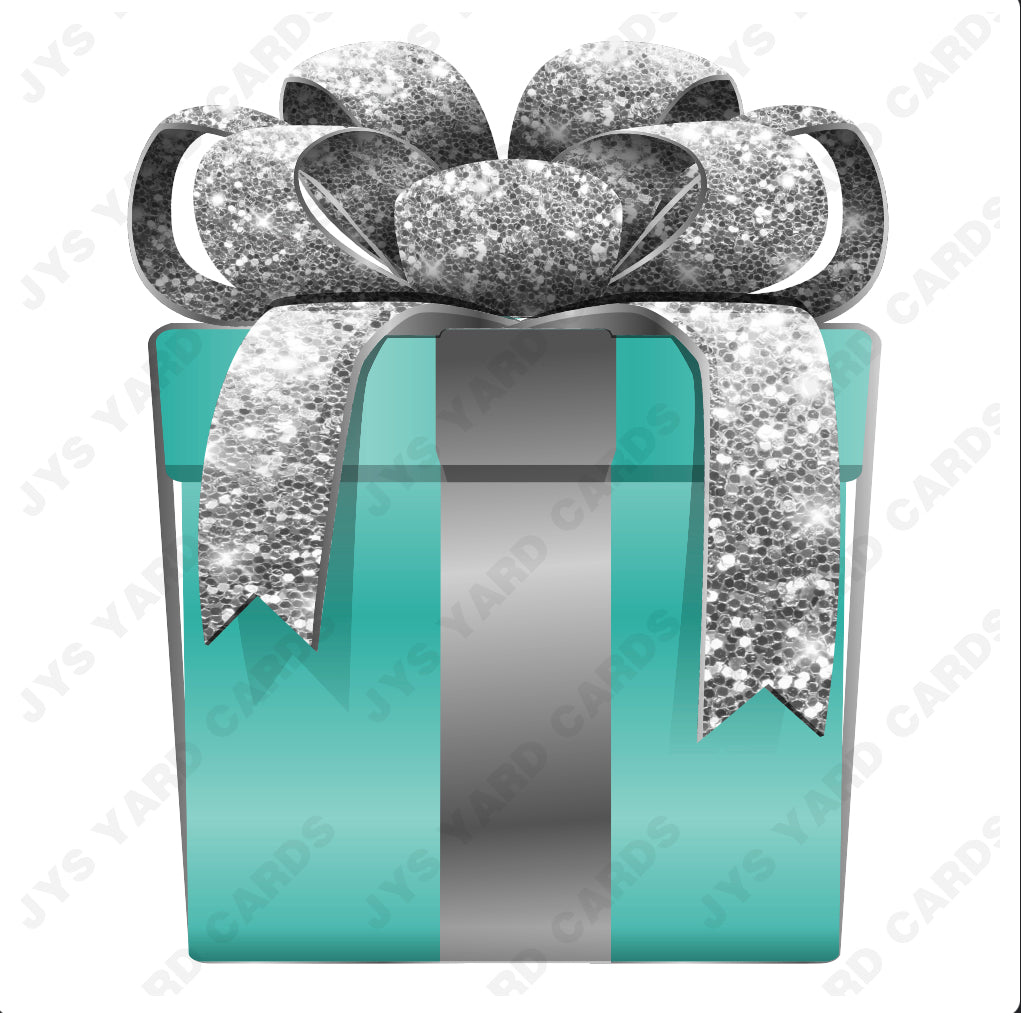 PRESENT: TEAL w/ SILVER BOW - Yard Card Signs by JYS International